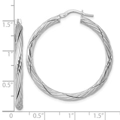 QE17901 Sterling Silver Rhodium-plated Polished Textured and Twisted 3.00 x 36mm Round Hoop Earrings