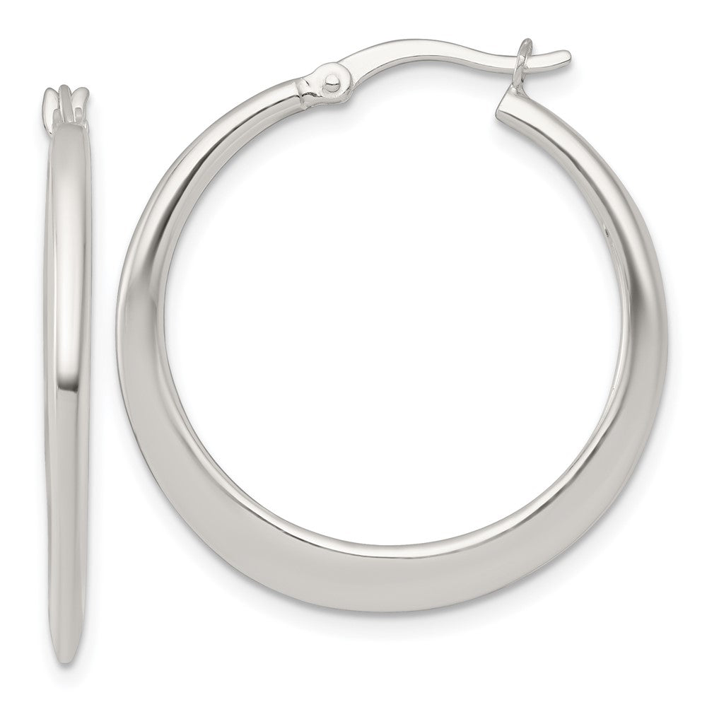 QE17907 Sterling Silver Polished 30.0mm Tapered Round Hoop Earrings