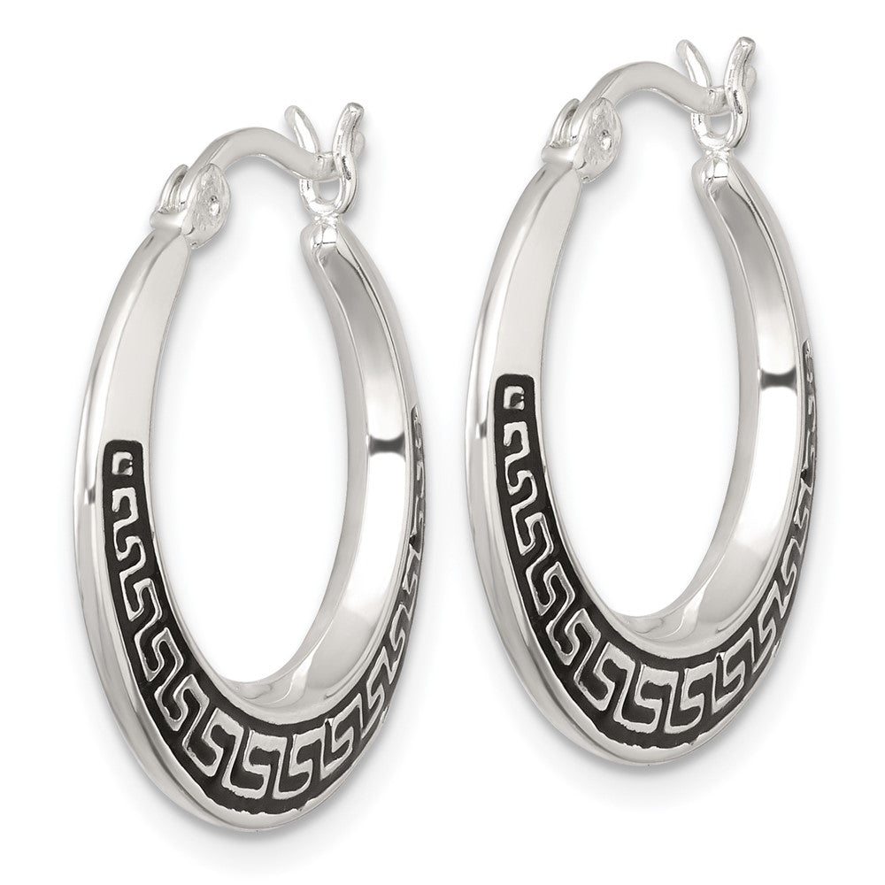 QE17910 Sterling Silver Polished and Black Enameled Greek Key Round Graduated Hollow Hoop Earrings