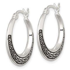 QE17910 Sterling Silver Polished and Black Enameled Greek Key Round Graduated Hollow Hoop Earrings
