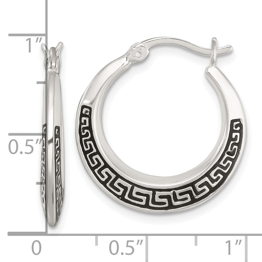 QE17910 Sterling Silver Polished and Black Enameled Greek Key Round Graduated Hollow Hoop Earrings