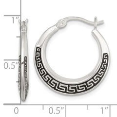 QE17910 Sterling Silver Polished and Black Enameled Greek Key Round Graduated Hollow Hoop Earrings