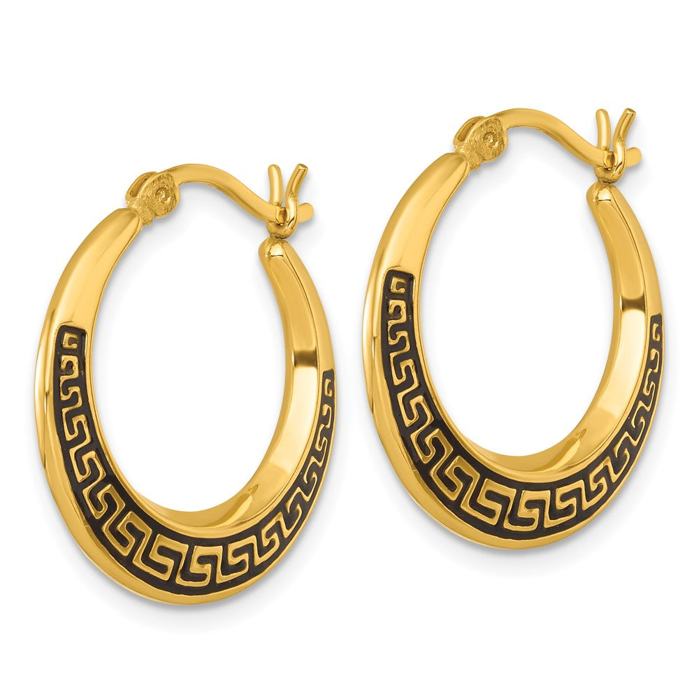 QE17910GP Sterling Silver Gold-tone Polished and Black Enameled Greek Key Round Graduated Hollow Hoop Earrings