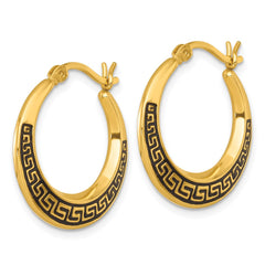 QE17910GP Sterling Silver Gold-tone Polished and Black Enameled Greek Key Round Graduated Hollow Hoop Earrings