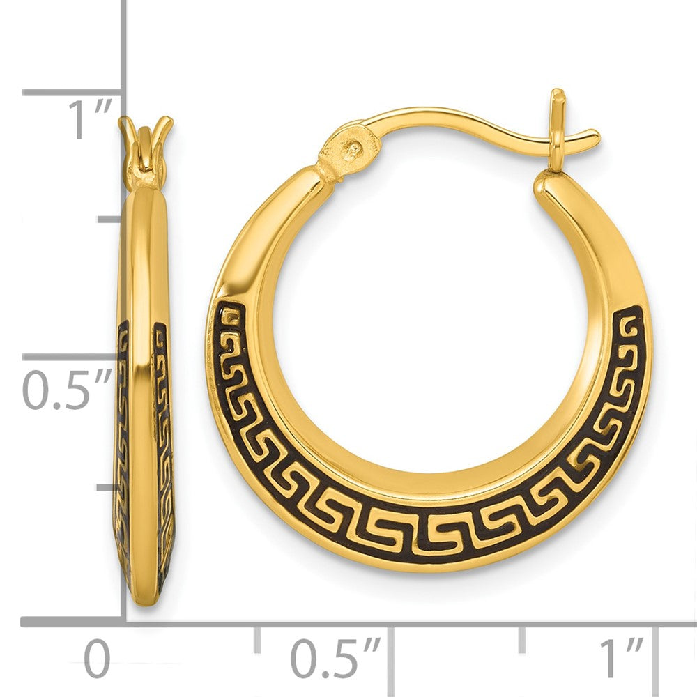 QE17910GP Sterling Silver Gold-tone Polished and Black Enameled Greek Key Round Graduated Hollow Hoop Earrings