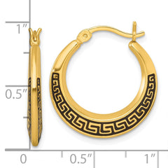 QE17910GP Sterling Silver Gold-tone Polished and Black Enameled Greek Key Round Graduated Hollow Hoop Earrings