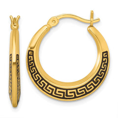 QE17910GP Sterling Silver Gold-tone Polished and Black Enameled Greek Key Round Graduated Hollow Hoop Earrings