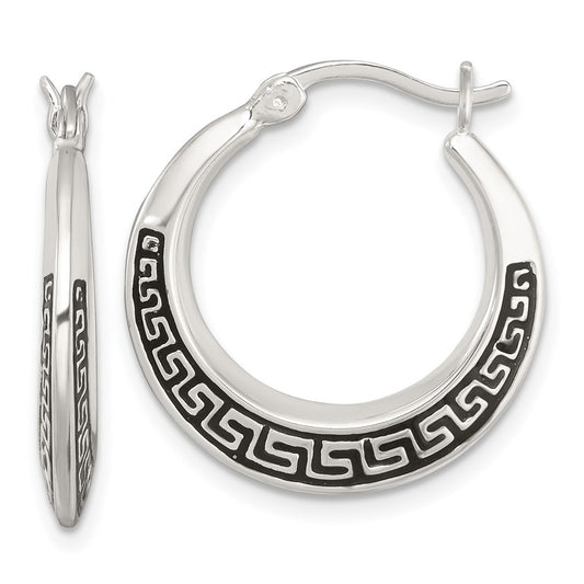 QE17910 Sterling Silver Polished and Black Enameled Greek Key Round Graduated Hollow Hoop Earrings
