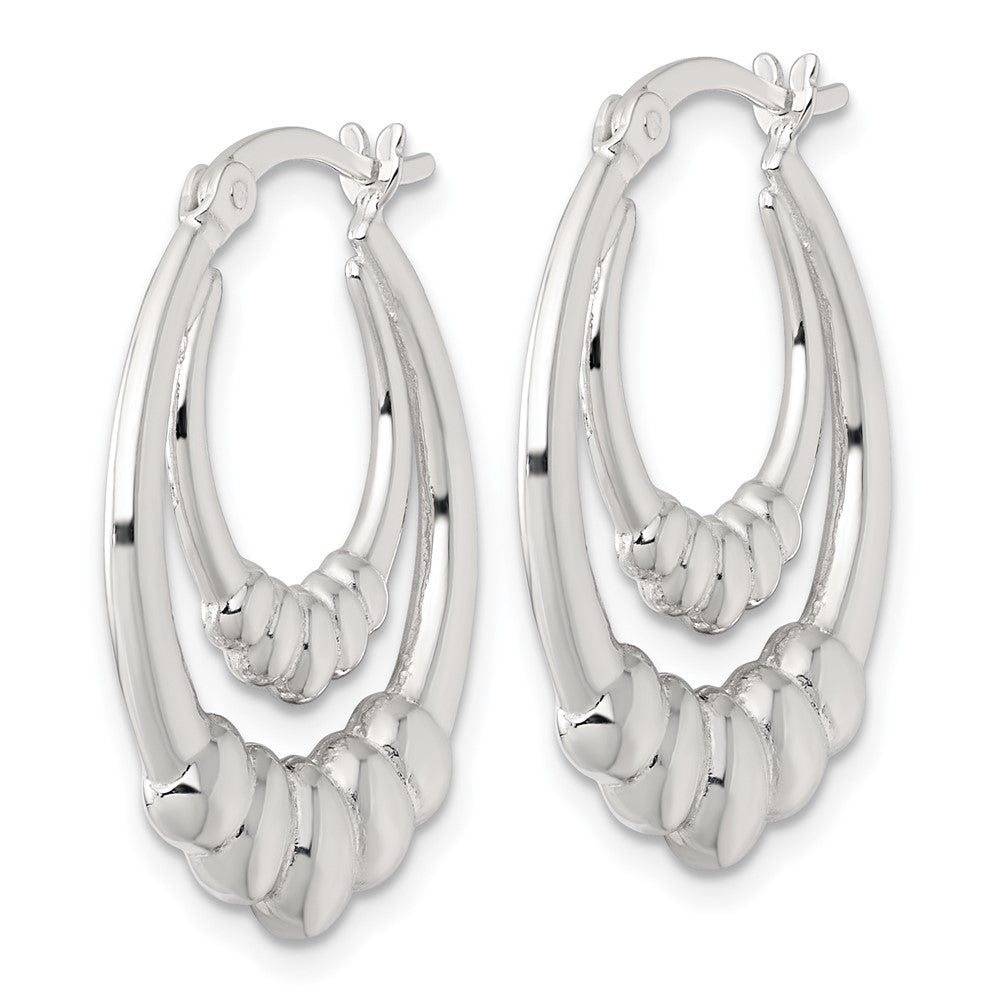 QE17912 Sterling Silver Polished Scalloped Double Oval Hollow Hoop Earrings