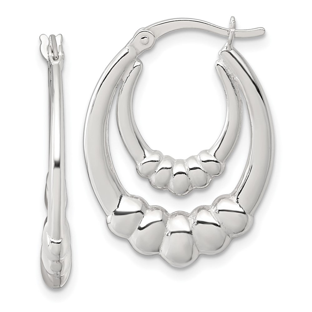 QE17912 Sterling Silver Polished Scalloped Double Oval Hollow Hoop Earrings