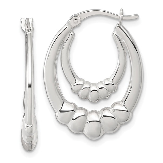 QE17912 Sterling Silver Polished Scalloped Double Oval Hollow Hoop Earrings