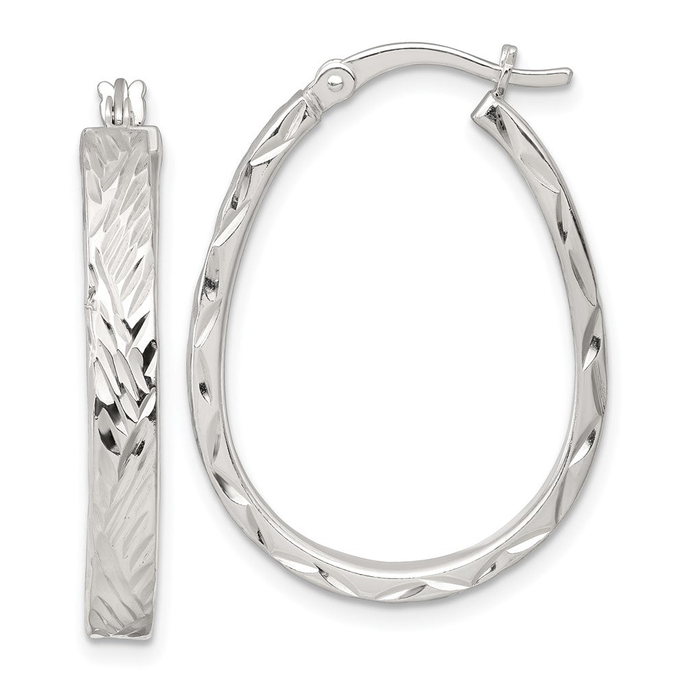 QE17914 Sterling Silver Polished Diamond-cut 4.0mm Oval Hoop Earrings