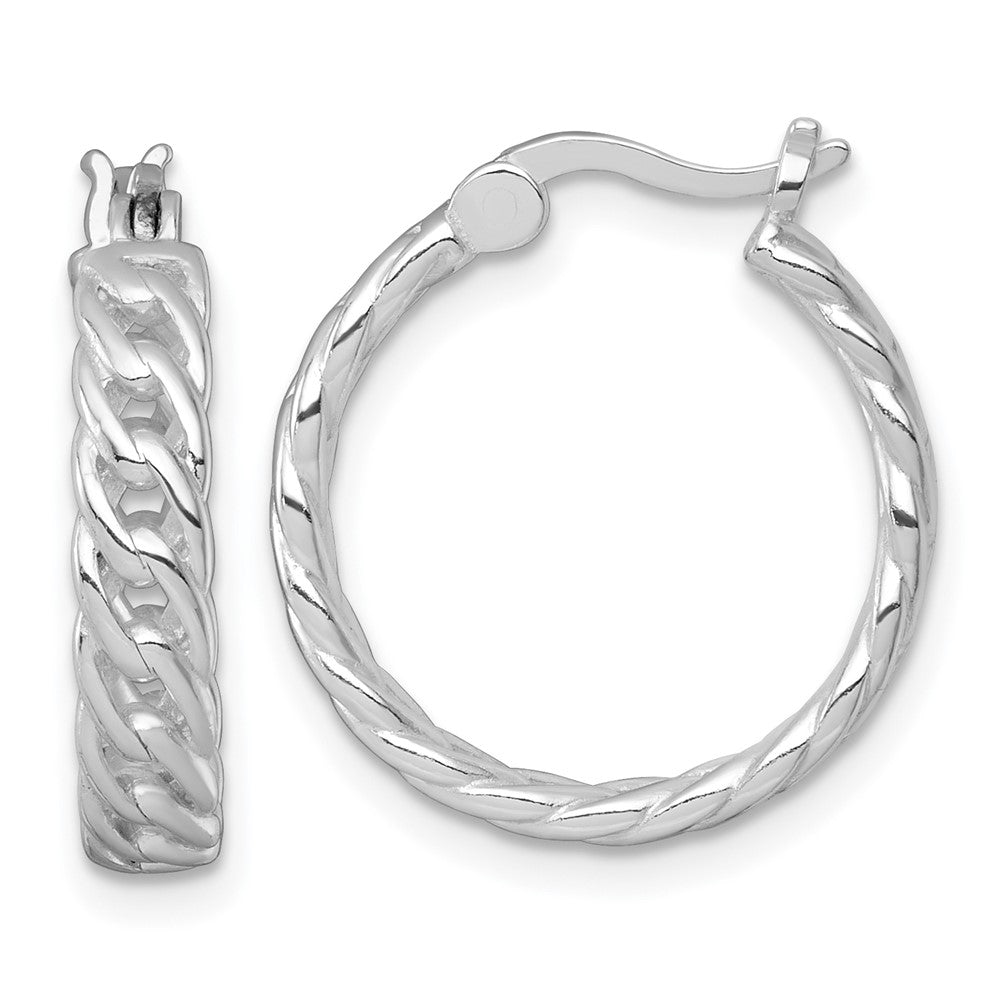 QE17916 Sterling Silver Rhodium-plated Polished 4.00 x 19mm Curb Link Round Hoop Earrings