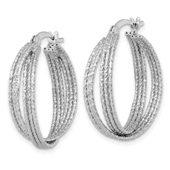QE17919 Sterling Silver Rhodium-plated Textured 25.0mm Crisscross Round Hoop Earrings