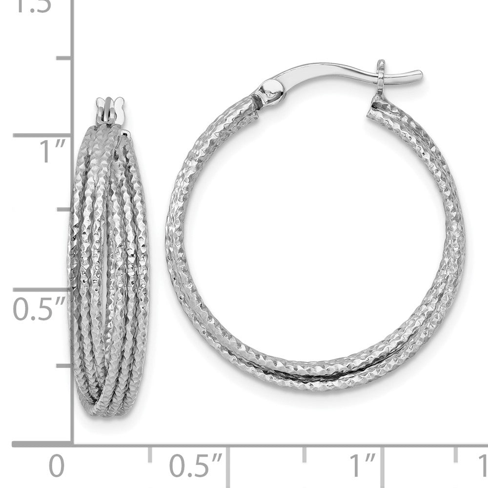 QE17919 Sterling Silver Rhodium-plated Textured 25.0mm Crisscross Round Hoop Earrings