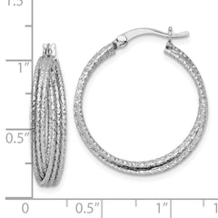 QE17919 Sterling Silver Rhodium-plated Textured 25.0mm Crisscross Round Hoop Earrings