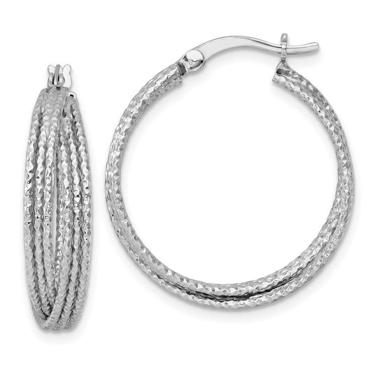 QE17919 Sterling Silver Rhodium-plated Textured 25.0mm Crisscross Round Hoop Earrings