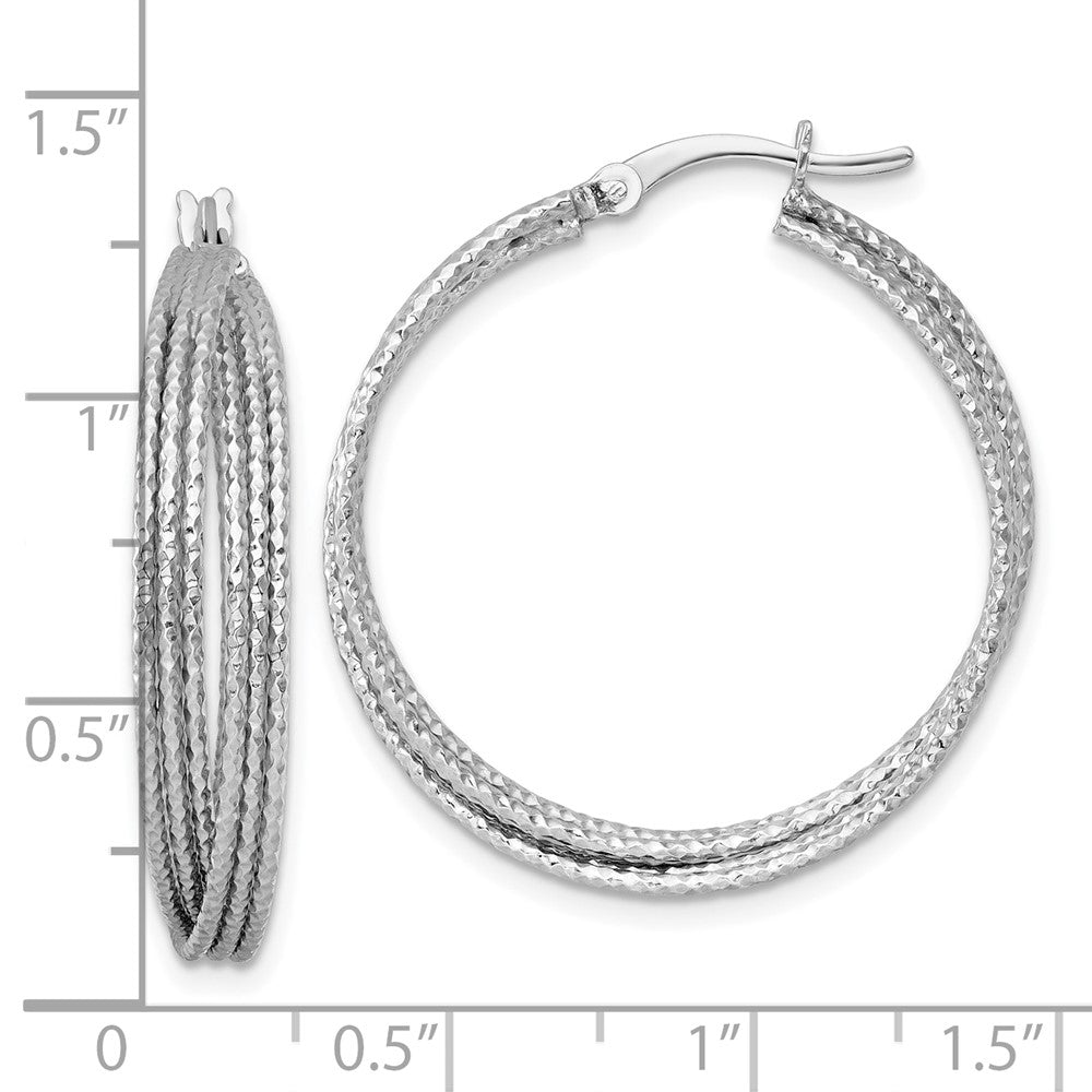 QE17920 Sterling Silver Rhodium-plated Textured 31.0mm Crisscross Round Hoop Earrings
