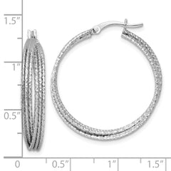 QE17920 Sterling Silver Rhodium-plated Textured 31.0mm Crisscross Round Hoop Earrings