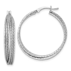 QE17920 Sterling Silver Rhodium-plated Textured 31.0mm Crisscross Round Hoop Earrings