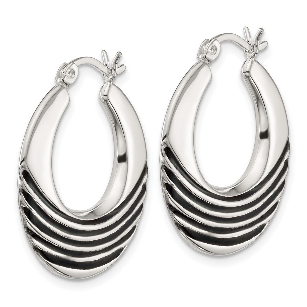 QE17930 Sterling Silver Polished with Black Enamel Stripes Round Hollow Hoop Earrings