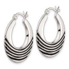 QE17930 Sterling Silver Polished with Black Enamel Stripes Round Hollow Hoop Earrings