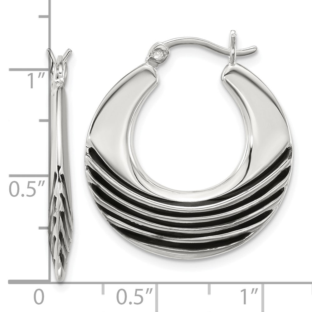 QE17930 Sterling Silver Polished with Black Enamel Stripes Round Hollow Hoop Earrings