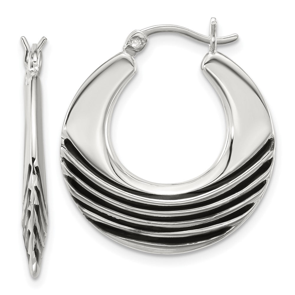 QE17930 Sterling Silver Polished with Black Enamel Stripes Round Hollow Hoop Earrings