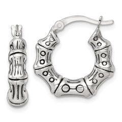 QE17931 Sterling Silver Antiqued Textured Bamboo Round Hoop Earrings