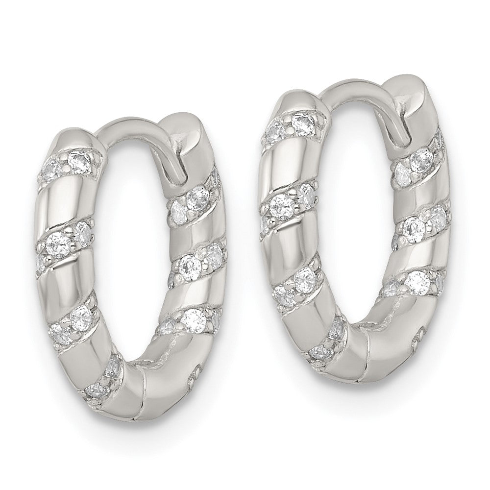 QE17934 Sterling Silver Polished CZ Round Hinged Hoop Earrings