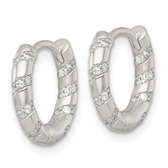 QE17934 Sterling Silver Polished CZ Round Hinged Hoop Earrings