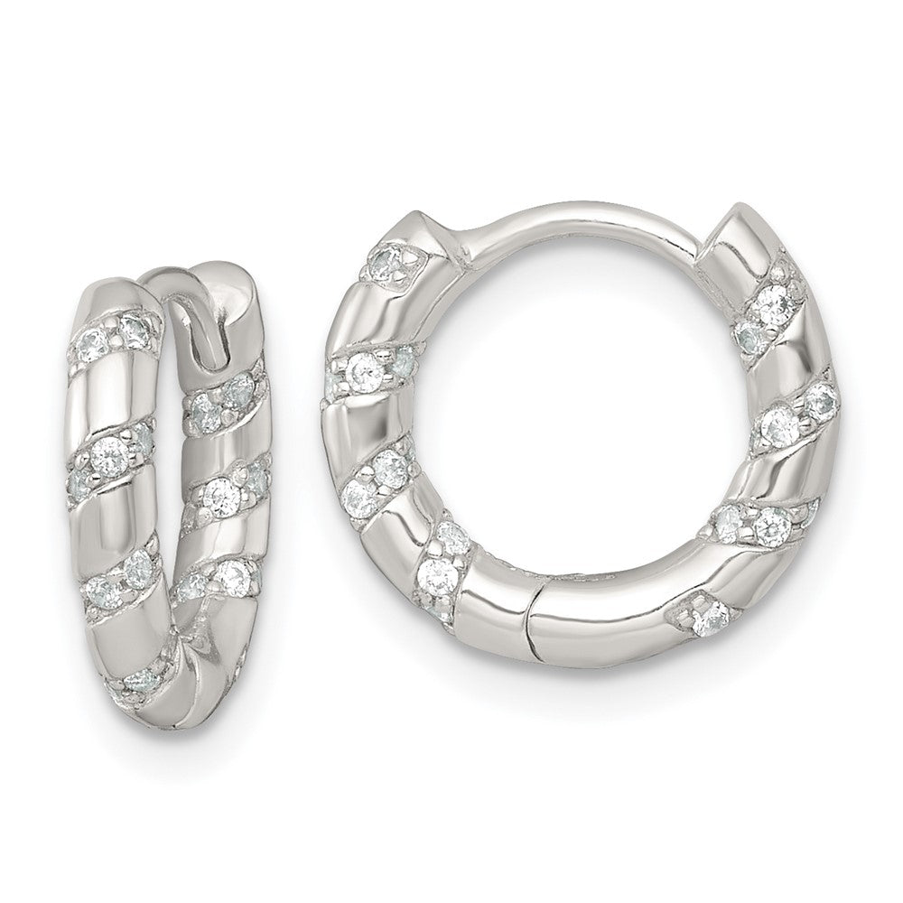 QE17934 Sterling Silver Polished CZ Round Hinged Hoop Earrings