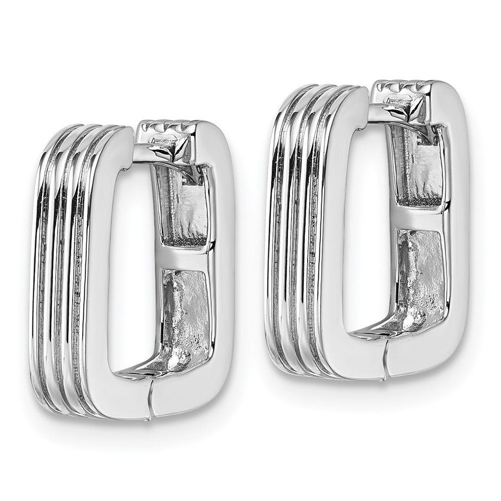 QE17938 Sterling Silver Rhodium-plated Polished And Grooved 3.5mm x 14mm Square Hinged Hoop Earrings