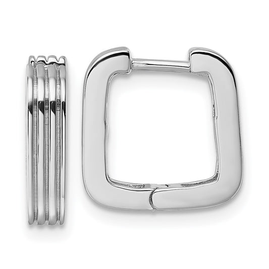 QE17938 Sterling Silver Rhodium-plated Polished And Grooved 3.5mm x 14mm Square Hinged Hoop Earrings
