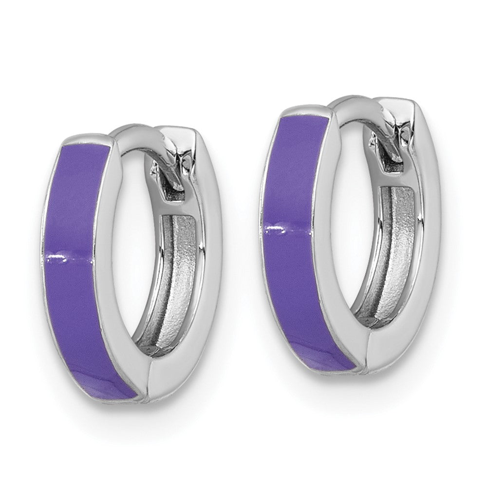 QE17949 Sterling Silver Rhodium-plated Polished Purple Enameled Hinged Round Hoop Earrings