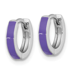 QE17949 Sterling Silver Rhodium-plated Polished Purple Enameled Hinged Round Hoop Earrings
