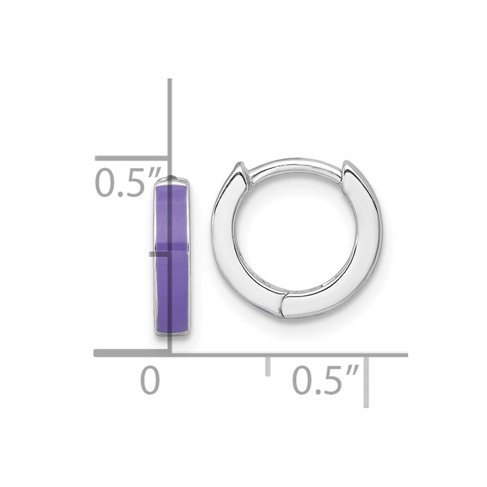 QE17949 Sterling Silver Rhodium-plated Polished Purple Enameled Hinged Round Hoop Earrings