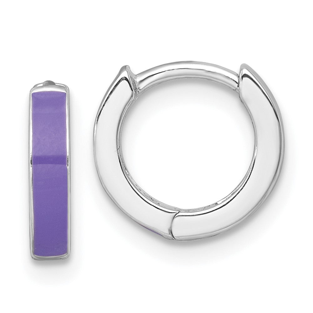 QE17949 Sterling Silver Rhodium-plated Polished Purple Enameled Hinged Round Hoop Earrings