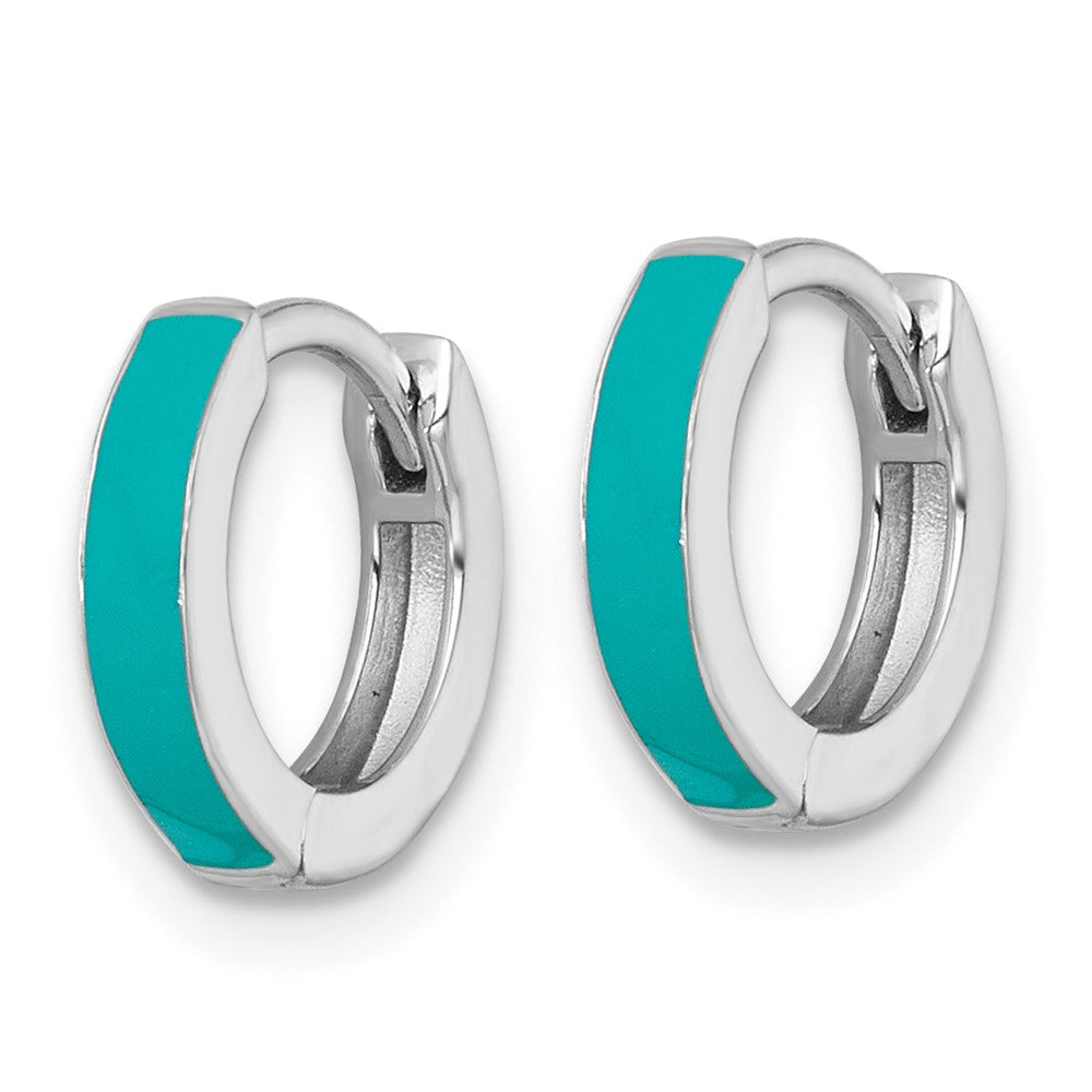 QE17950 Sterling Silver Rhodium-plated Polished Teal Enameled Hinged Round Hoop Earrings