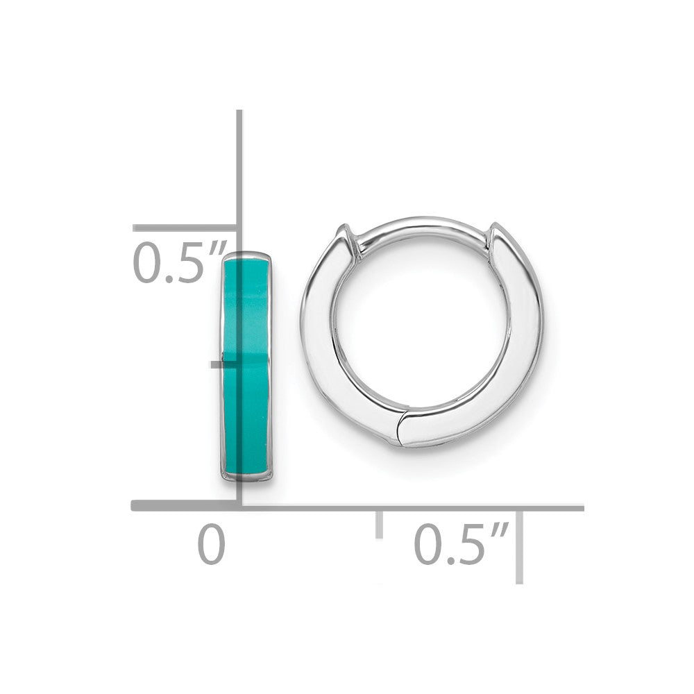 QE17950 Sterling Silver Rhodium-plated Polished Teal Enameled Hinged Round Hoop Earrings