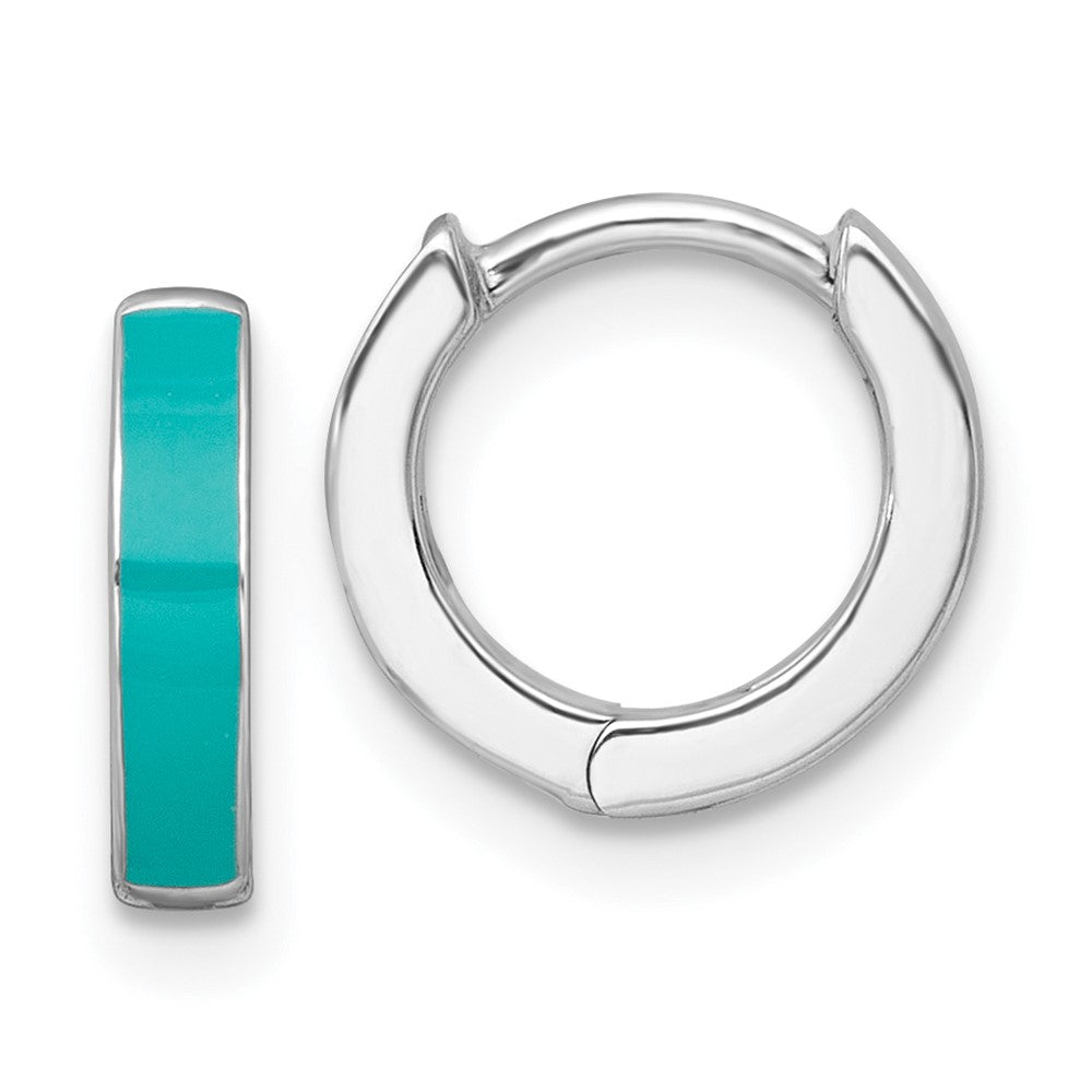 QE17950 Sterling Silver Rhodium-plated Polished Teal Enameled Hinged Round Hoop Earrings
