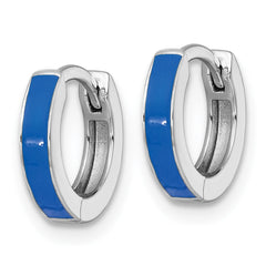 QE17951 Sterling Silver Rhodium-plated Polished Blue Enameled Hinged Round Hoop Earrings