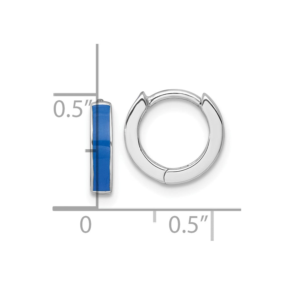 QE17951 Sterling Silver Rhodium-plated Polished Blue Enameled Hinged Round Hoop Earrings