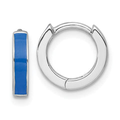 QE17951 Sterling Silver Rhodium-plated Polished Blue Enameled Hinged Round Hoop Earrings