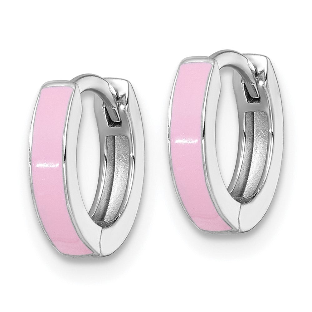 QE17952 Sterling Silver Rhodium-plated Polished Pink Enameled Hinged Round Hoop Earrings