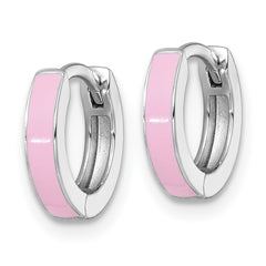 QE17952 Sterling Silver Rhodium-plated Polished Pink Enameled Hinged Round Hoop Earrings