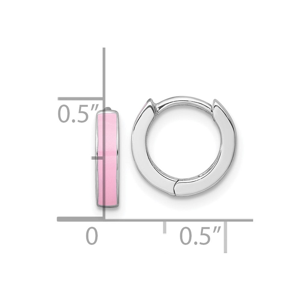 QE17952 Sterling Silver Rhodium-plated Polished Pink Enameled Hinged Round Hoop Earrings