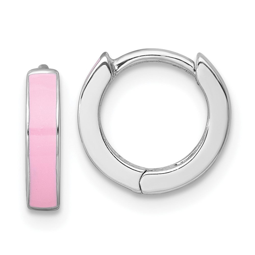 QE17952 Sterling Silver Rhodium-plated Polished Pink Enameled Hinged Round Hoop Earrings