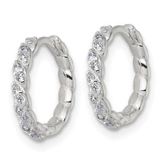 QE17953 Sterling Silver Polished and Twisted 2.2mm x 12mm CZ Hinged Round Hoop Earrings