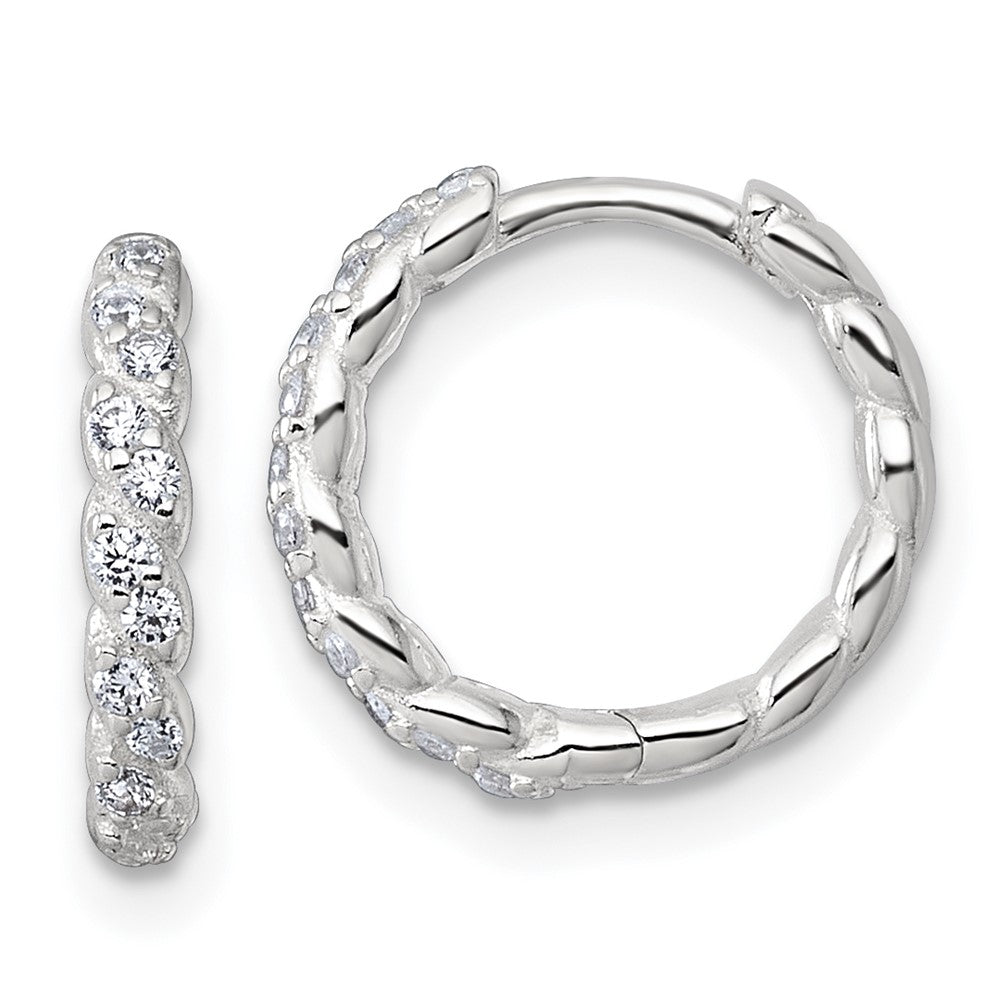 QE17953 Sterling Silver Polished and Twisted 2.2mm x 12mm CZ Hinged Round Hoop Earrings